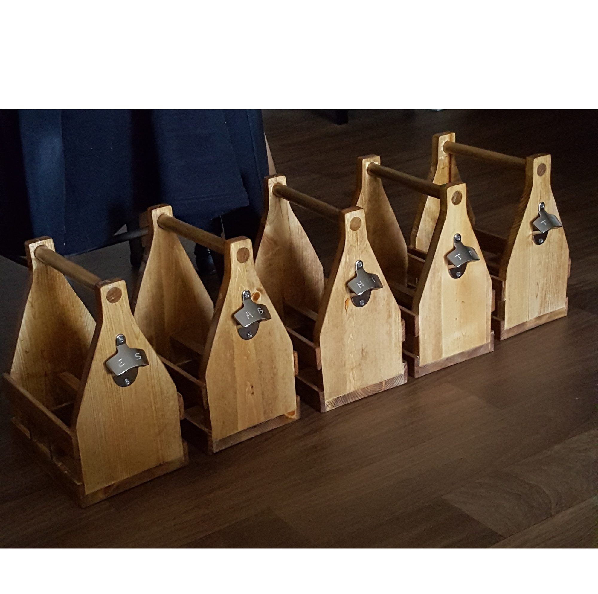 Wooden bottle caddies with built-in metal bottle openers