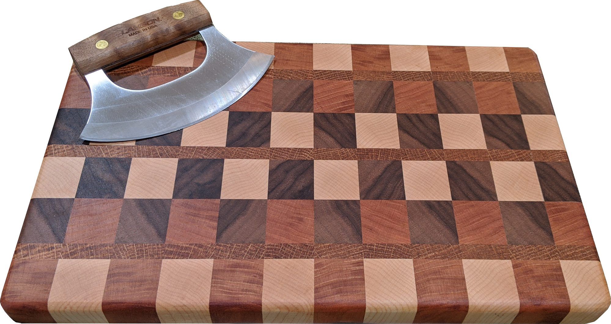 Checkered wood cutting board with box construction, shown with a cleaver